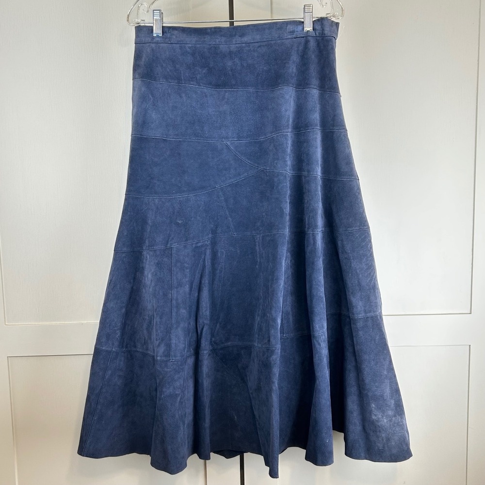 Soft Surroundings Suede Midi Skirt Women L Blue Leather A-Line Paneled Weatern